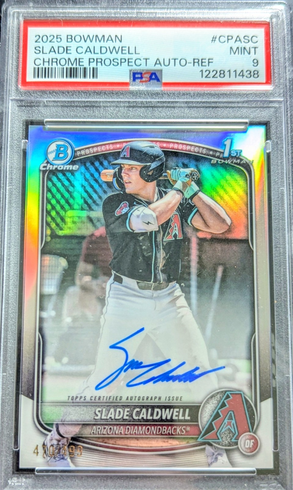 2025 Bowman Slade Caldwell Chrome Auto Refractor 1st #/499 Diamondbacks PSA 9