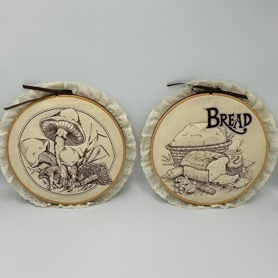 Vintage Kitchen Wall Art Set 2 10in Cream Mushroom Bread Cottagecore Decor 70s