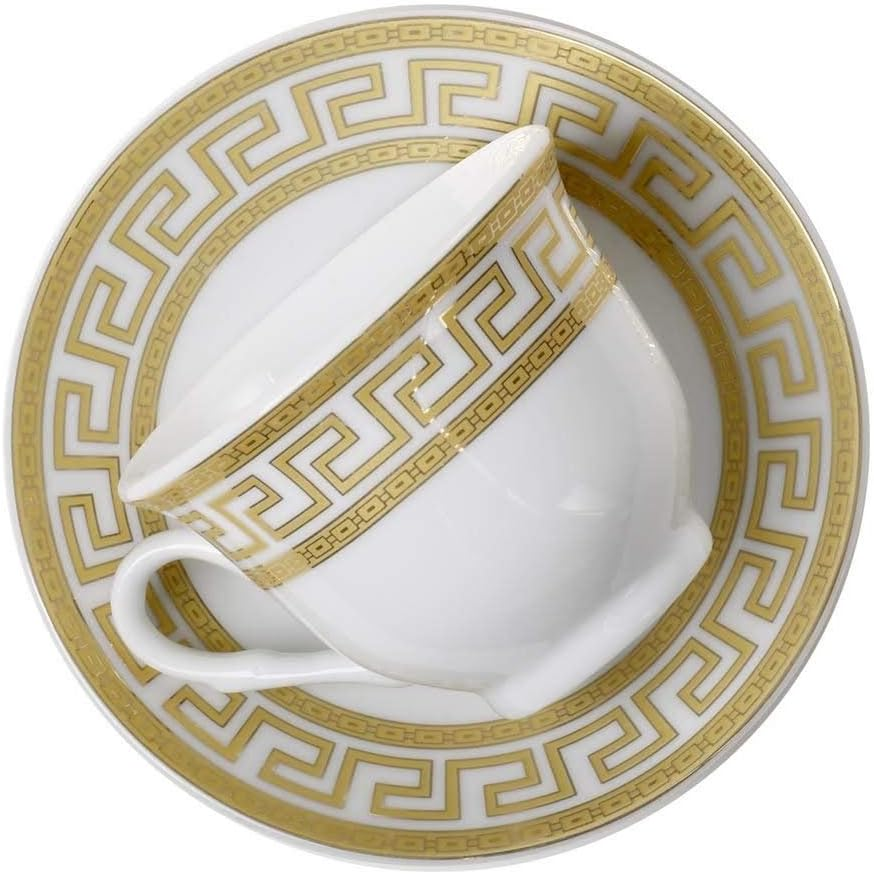 12Pc. 'Golden Greek Key' Tea Cup Coffee Set, Premium Bone China, 24K