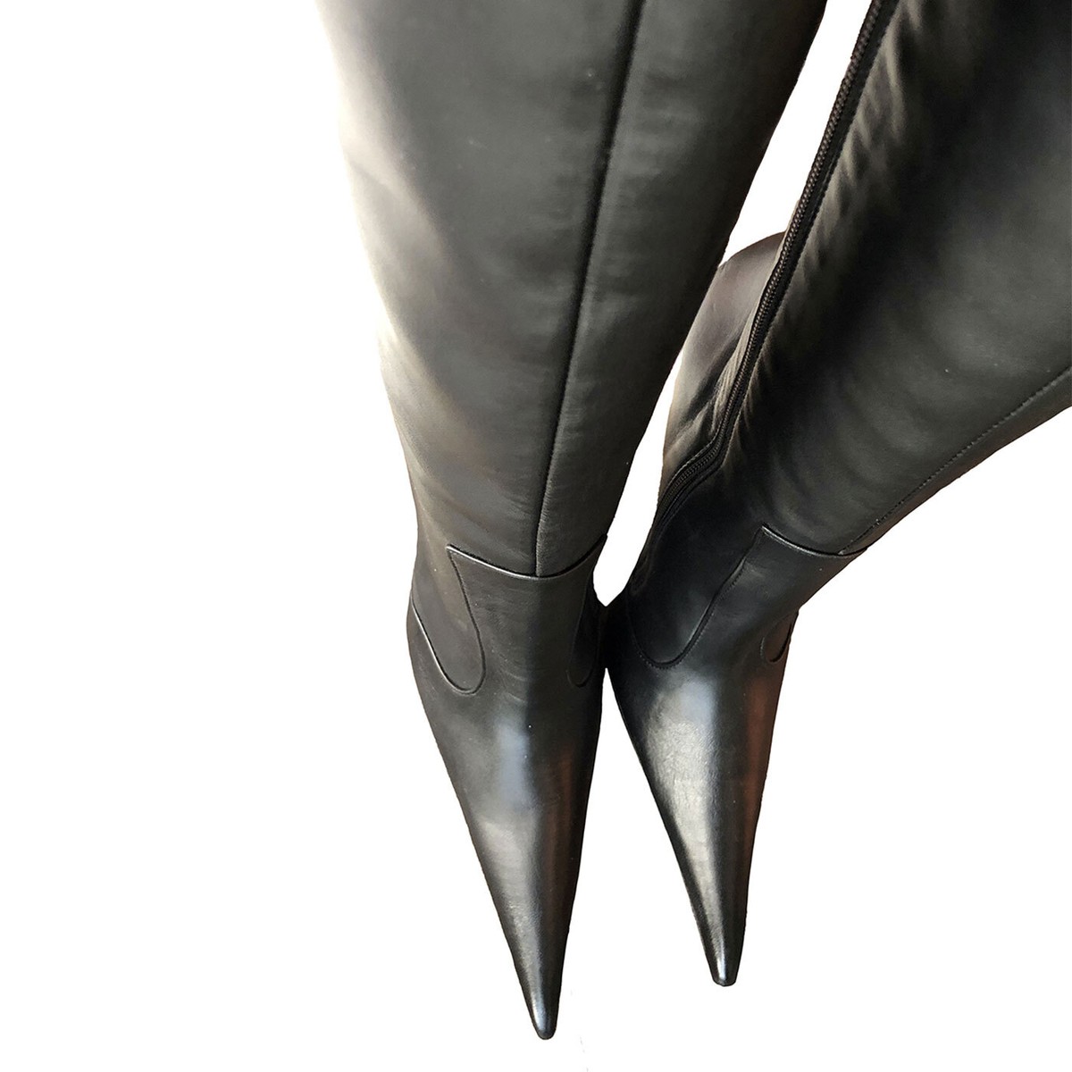 BOTTES CQ COUTURE Pointues Sur Les Genoux - Cuir Noir, Talon Aiguille Très Haut (>11cm), Taille 40 - Made In Italy