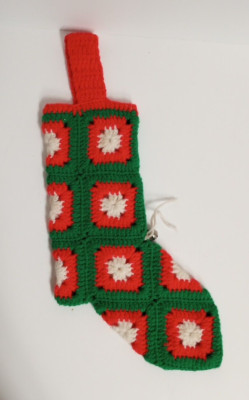 Vintage Crochet Christmas Stocking Handmade Granny Square Green Red White w Bell