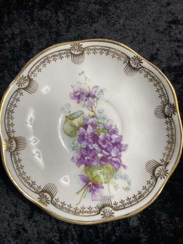Rare Purple Flowers Double Handled Eggshell porcelain Cup & Saucer Set Gold Trim - Picture 5 of 10