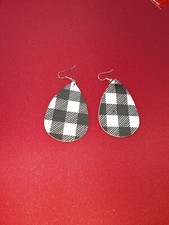 Buffalo Plaid Earrings Black and white faux leather Handmade Hypoallergenic