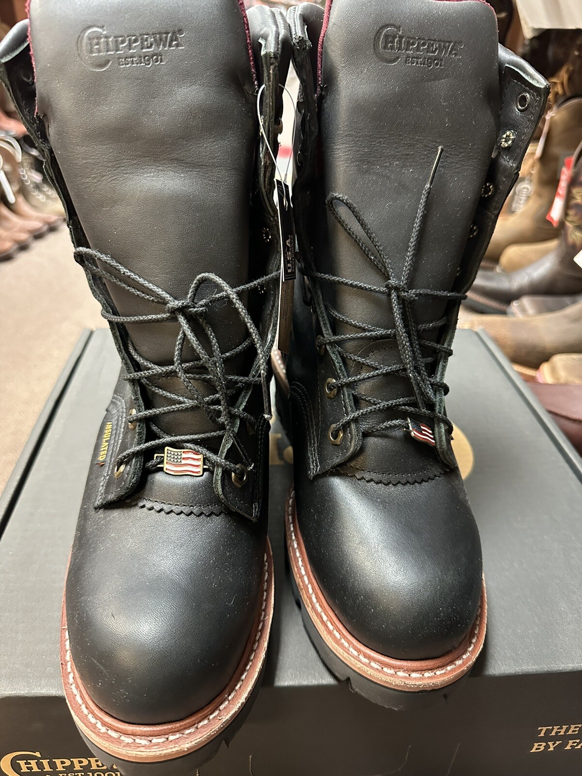 mens work boots Motorcycle Black  Chippewa 9.5E Steel Toe#25410 Logger