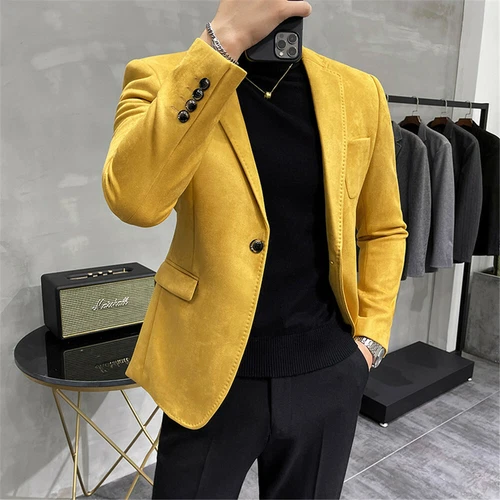 Men Suede Blazer Jacket Business Formal Casual Button Slim Fit Suit Coat Tops - Picture 13 of 21
