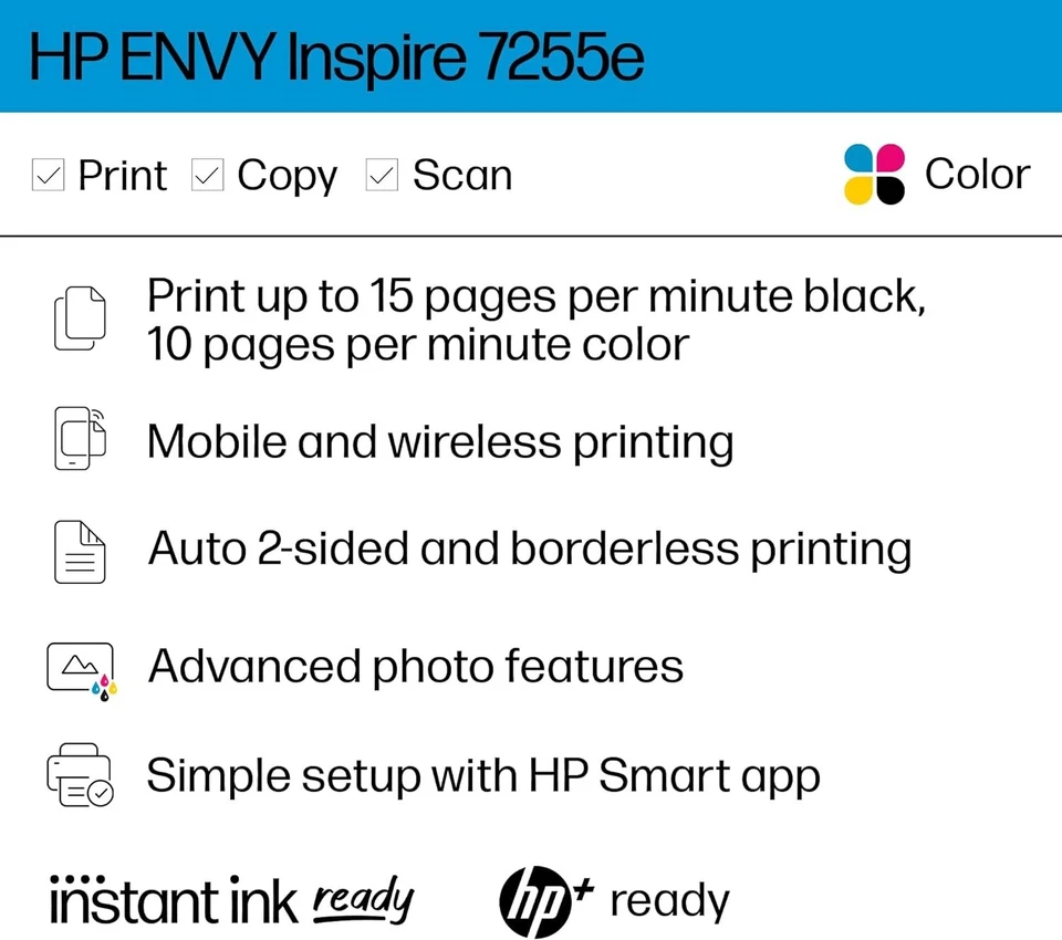 HP ENVY Inspire 7255e Wireless Color Thermal Inkjet Printer, Print, scan, copy - Image 2 of 4