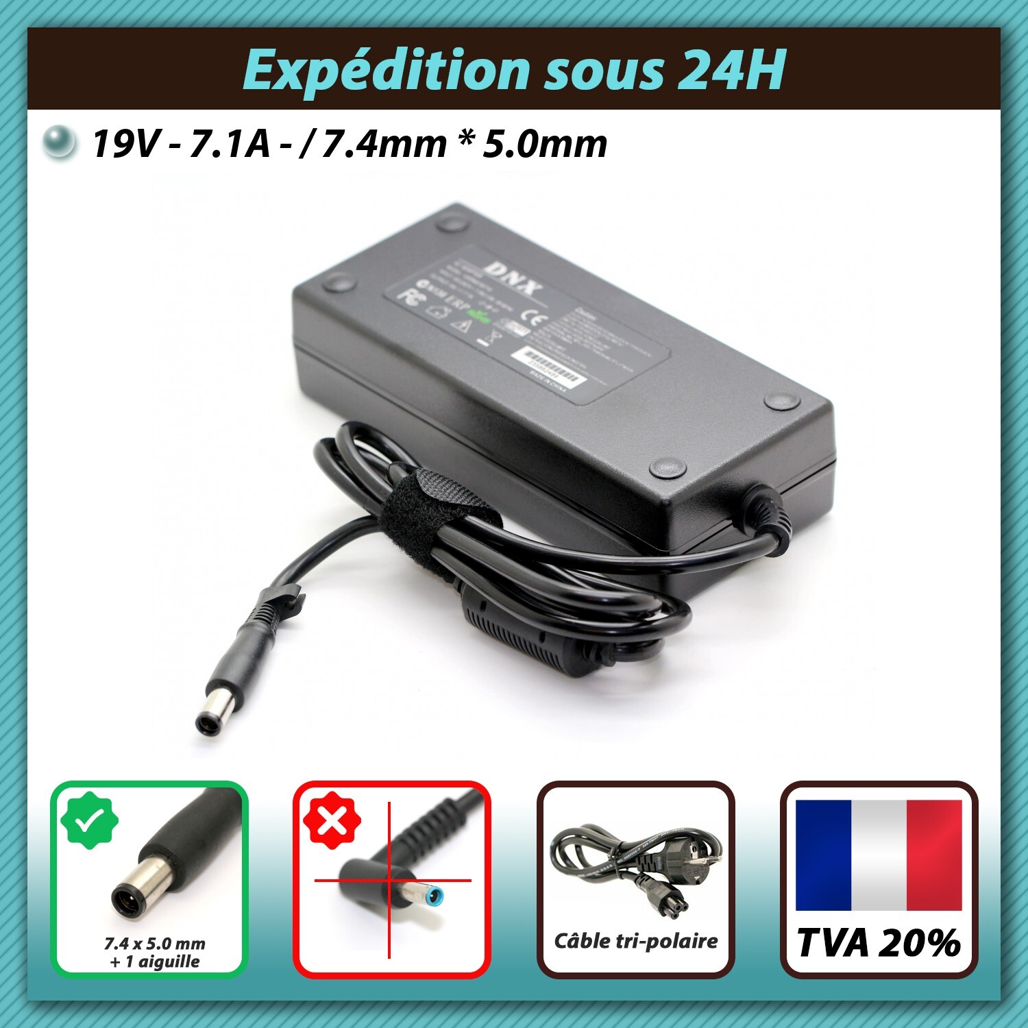 Chargeur HP Compaq 19V 7.1A connecteur 7.4 x 5.0mm contre les coupures de batterie