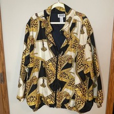 Vintage 90s Leopard Gold Chain Print Baroque Bomber Jacket Black/Gold Women's 3X