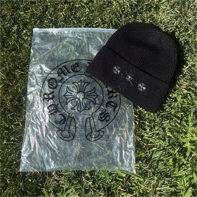 Chrome Hearts Black Knit Beanie Hat Silver Embroidered Cross Floral One Size