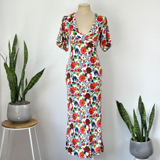 RIXO STEPH DRESS – SIZE M / 12 AUS / 8 US – WHITE FLORAL – MIDI – BACK CUT OUT