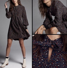 Madewell Balsam Tie-Neck Dress Starry Night silk star pattern & Balloon sleeves