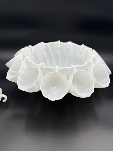 Vintage Hazel Atlas Milk Glass Alpine White Swirl Punch Bowl 15 Cups Excellent