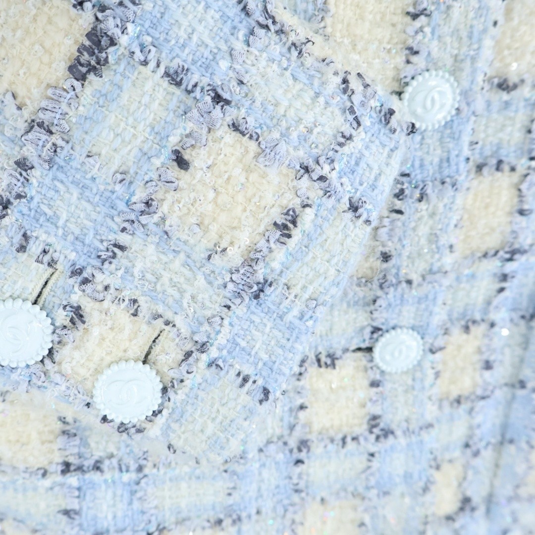 CHANEL 22AW Coco Mark Button Glitter Sequin Fancy Tweed Plaid Tailored Used 2058 thumbnail 6
