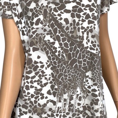 CHICOS Giraffe Print T-Shirt Size 2 (L) Brown Cream Short Sleeve