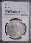 1923 Peace Dollar NGC MS61 Nice Frosted White Luster