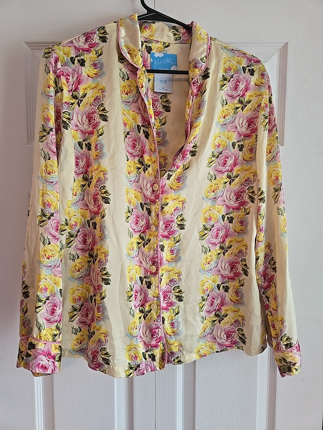 Vtg Nick & Nora 100% Silk Sleep Wear Button Down Womens sz m floral rose Yellow