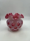 Vintage Fenton Cranberry Opalescent Coin Dot Rose Bowl Ruffled Pink Glass
