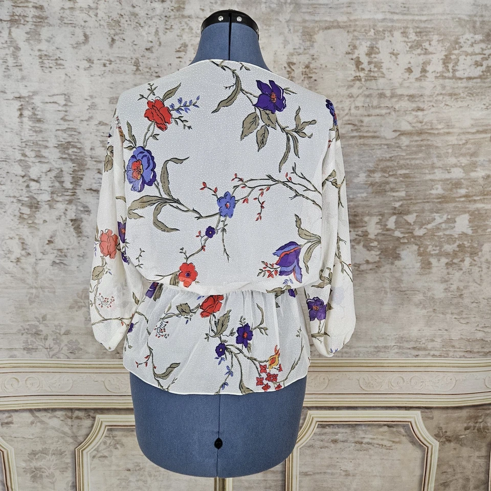 Винтажный 1970-х чистый блузка слоновой кости цветочный верхний пеплум 3/4 рукава фиолетовый красный офис - Изображение 4 из 4