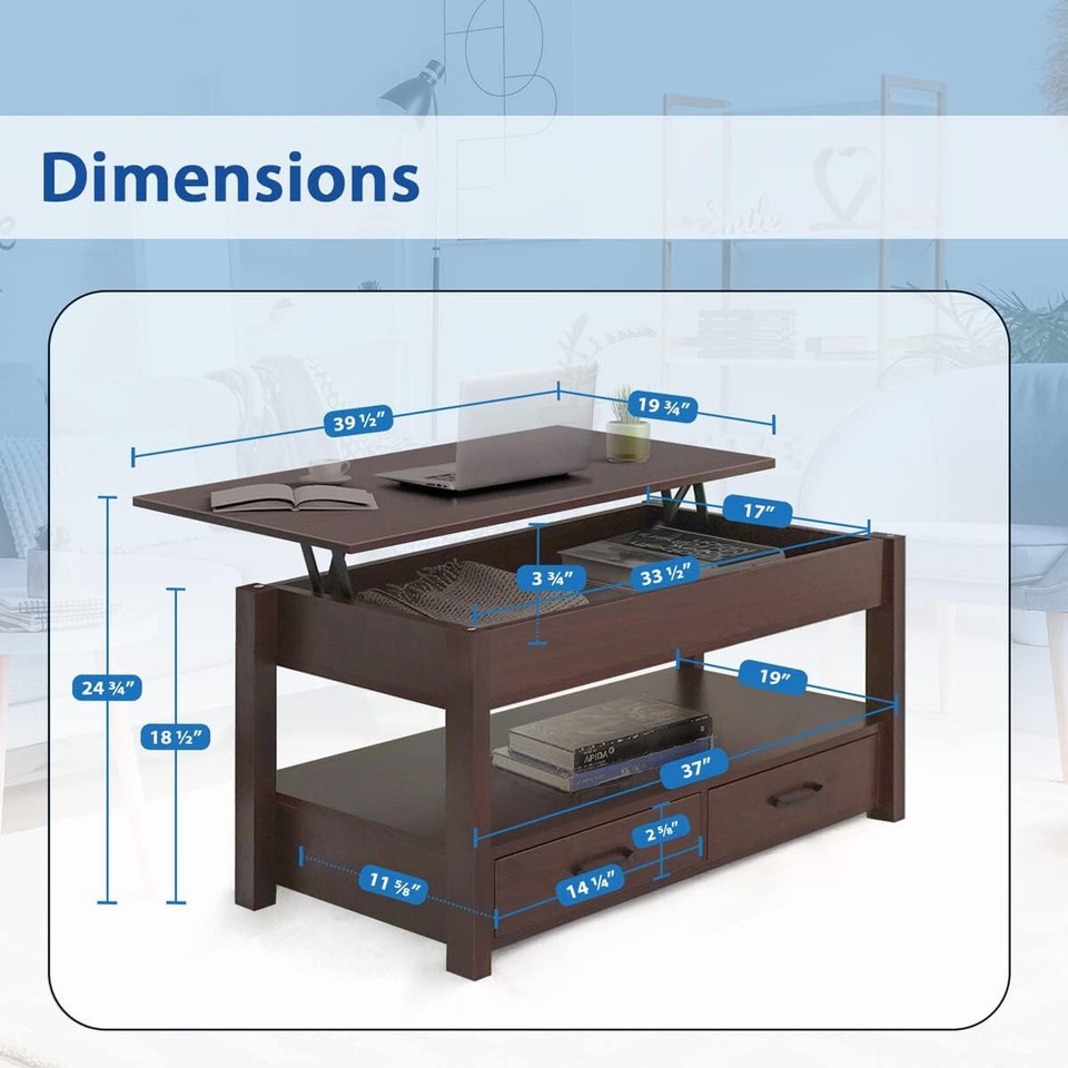 2 Drawer Lift Top Coffee Table with Hidden Compartment & Storage Shelve ...