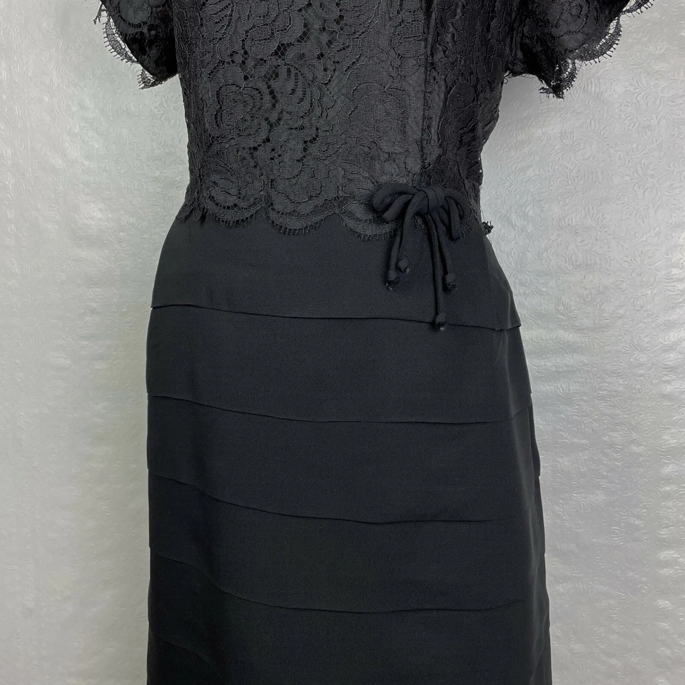 Vtg 50s Black Sheath Cocktail Dress M Lace & Tiered Skirt Sz S/M "AS IS" - Image 2 of 4