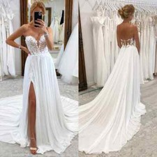 Chiffon Strapless Wedding Dresses with Slit Backless Sweep Train Bridal Gowns