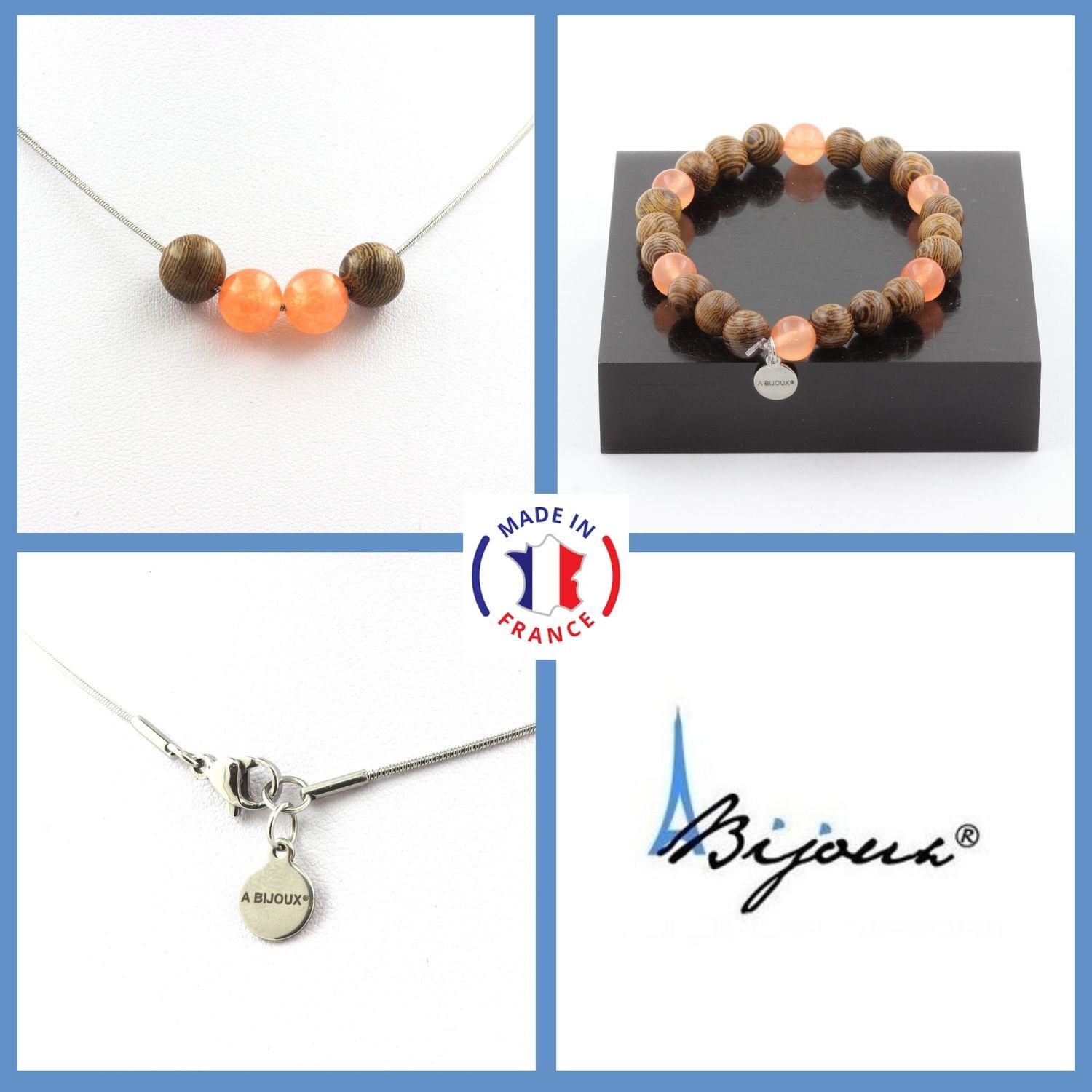 Collier et bracelet Calcédoine or en minéraux fins et bois de haute qualité