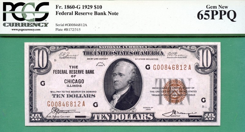 1929 $10 FRBN - PCGS GEM 65 PPQ - Fr 1860-G CHICAGO - 1929 $10 FRBN - CHICAGO