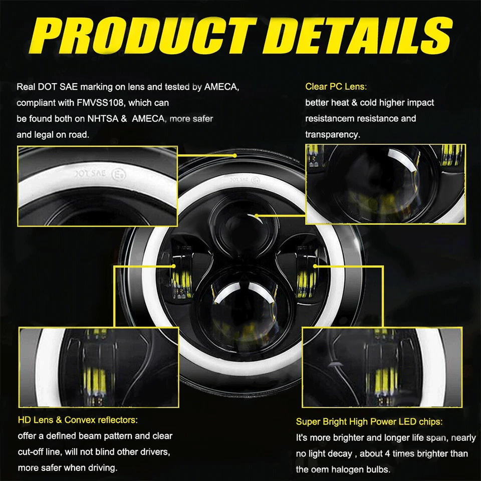 DOT 7" Inch LED Headlight Round for Wrangler JK TJ LJ Chevy G10 G20 C10 C20 - Image 3 of 4