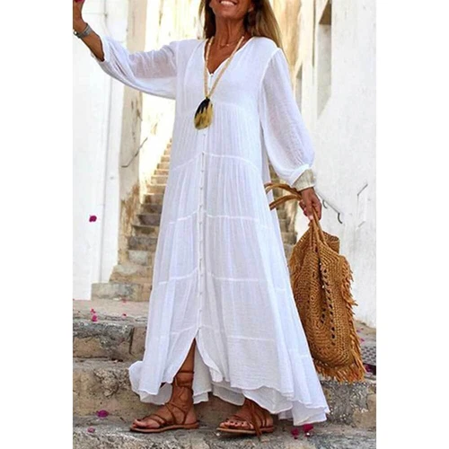 Boho-Maxikleid Damen Baumwolle Leinen Langarm locker gesmokt Sommerkleid US - Bild 4 von 7