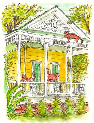 Ginger Cats In New Orleans, New Orleans House, Ginger Cat Art Print, Ginger Cats