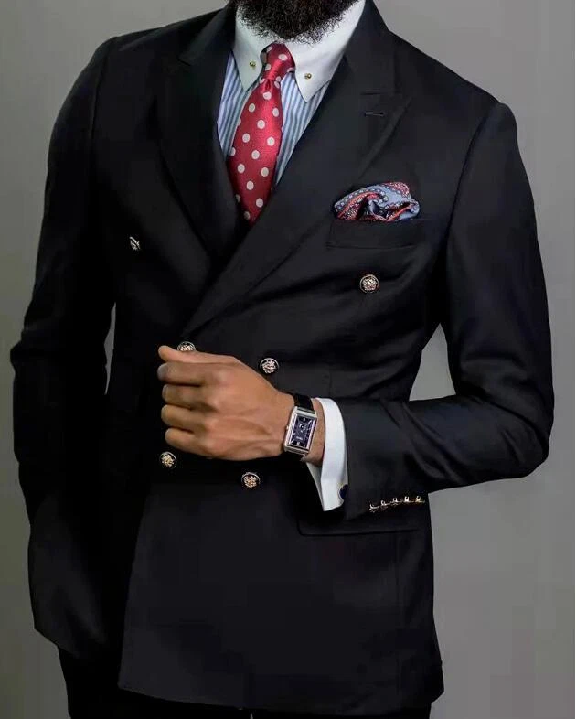 Traje de Hombres de Negocios Calce Ajustado Doble Pecho Blazer Chaqueta Pantalones Esmoquin Pico Solapa Foto 2 de 4