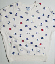 Champion All Over Logo Print Long Sleeve Reverse Weave White Sweatshirt Women L