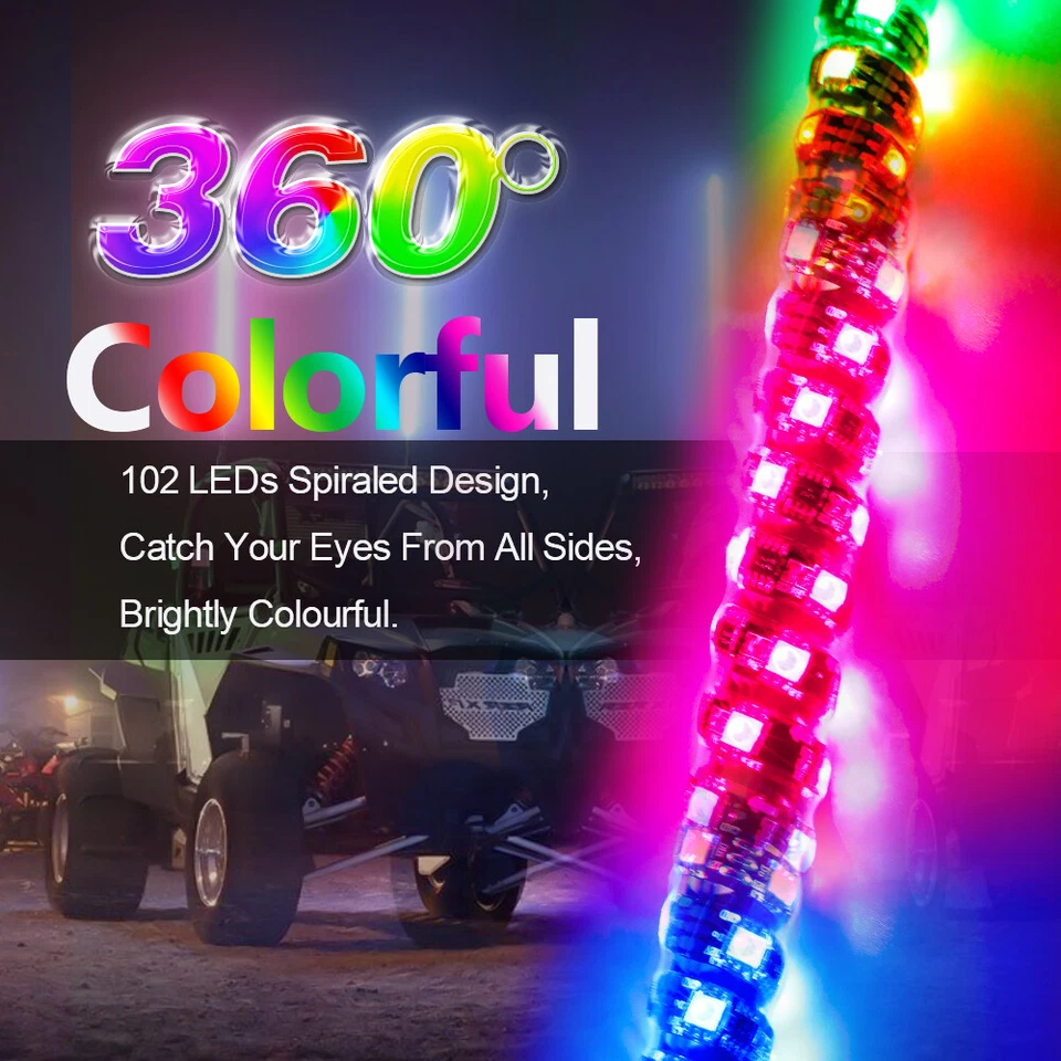 2X Para Can-Am Maverick X3 MAX 2FT Espiral RGB LED Chicote Luzes Bandeira Perseguição Remota - Imagem 2 de 4