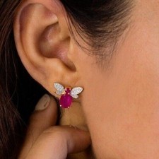 2.09 Ct Oval Cut Simulated Ruby Women's Bee Stud Earrings 14K Yellow Gold Plated