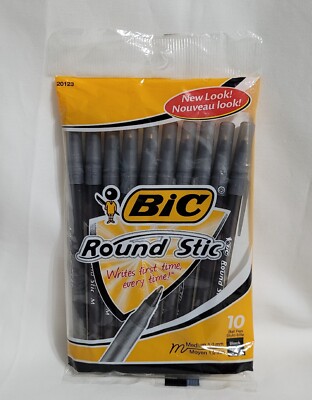 BIC Round Stick Ball Pens Black Ink Medium 10 Pack New Sealed NOS 2008