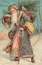 A Merry Christmas Blue Suited Santa Claus with Tree & Toys Postcard Copy