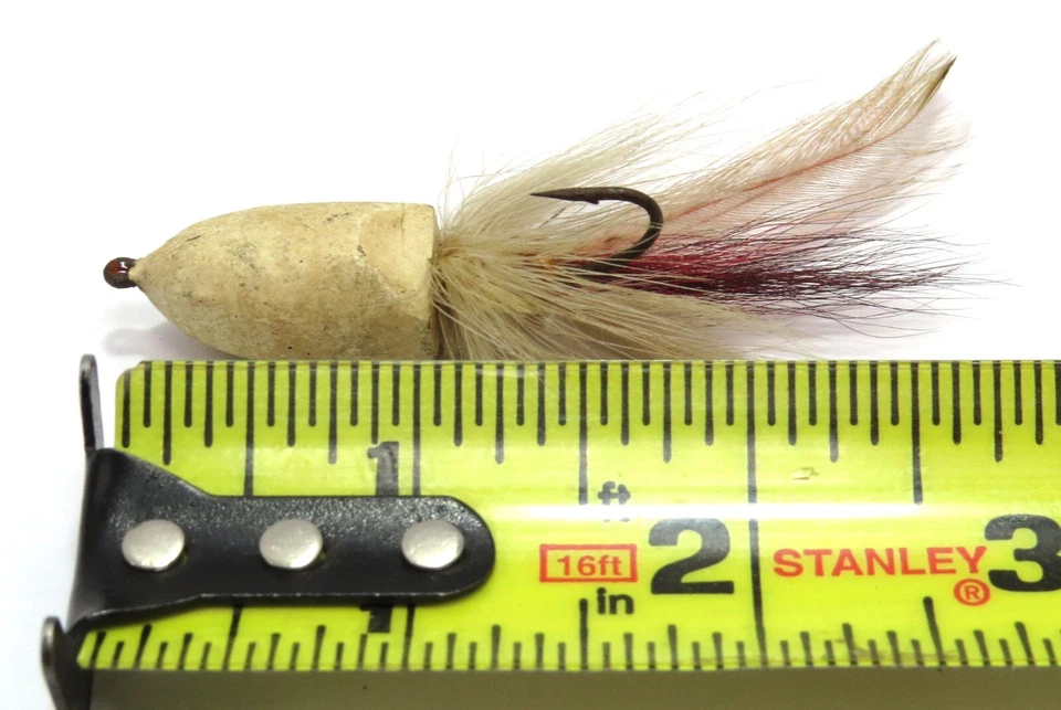 Señuelo de pesca giratorio/caña de corcho desconocido con pluma/pelo blanco insecto vintage Foto 2 de 4