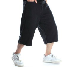 Men Denim Shorts Loose Cropped Jeans Hip Hop Black Baggy 3/4 Length Pants