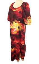 VTG HELENA’S Womens 14 Muu Muu Red Black Sunset Hawaiian Bell Sleeve Maxi Dress