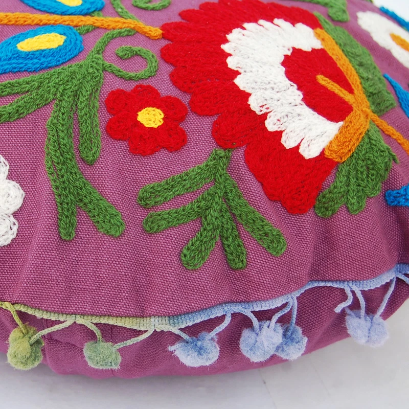 Indian Ethnic Floral Cotton Suzani Embroidery Round Cushion Covers 16" - Image 4 of 4