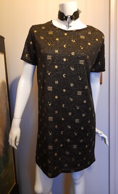UK 10 Drop Dead Clothing Majic Teeshirt Dress Black Sparkly Gold Print