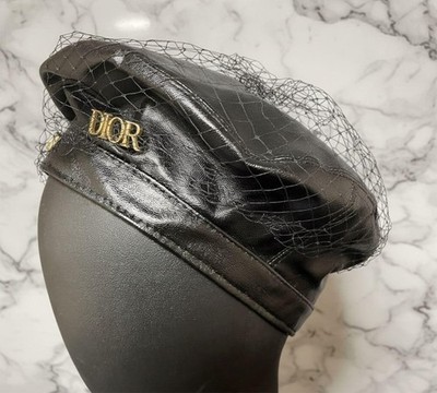 Christian Dior Leather Beret Hat Black Tulle Veil Gold Logo Free