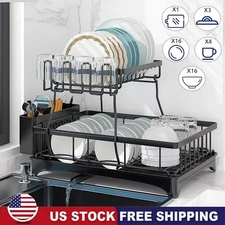 2-Tier Adjustable Dish Drying Rack Bowl Drainer Utensil Holder Kitchen Organizer