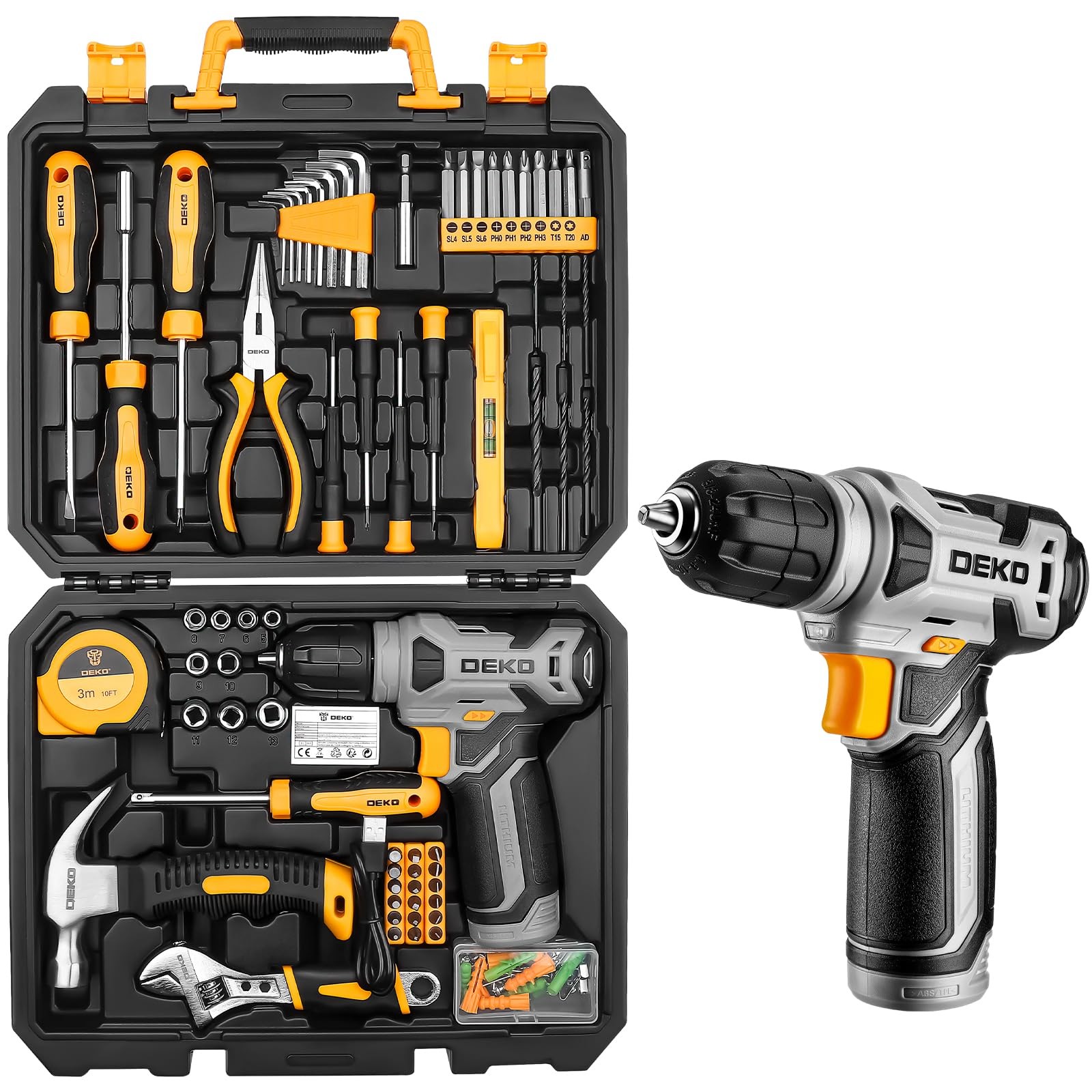 Tool Kit DEKO Drill Set with Cordless Drill Tool Kit Set Box DIY Hand Tools for