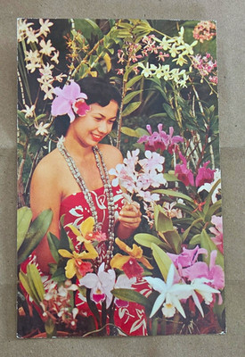 Ray Helbig's Hawaiian Service Photochrome Postcard Hawaiian Woman Orchids Posted
