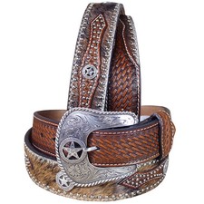 39MF Western Cowboy Belt Nocona Hair Star Concho Brown Leather 34-46 Ines