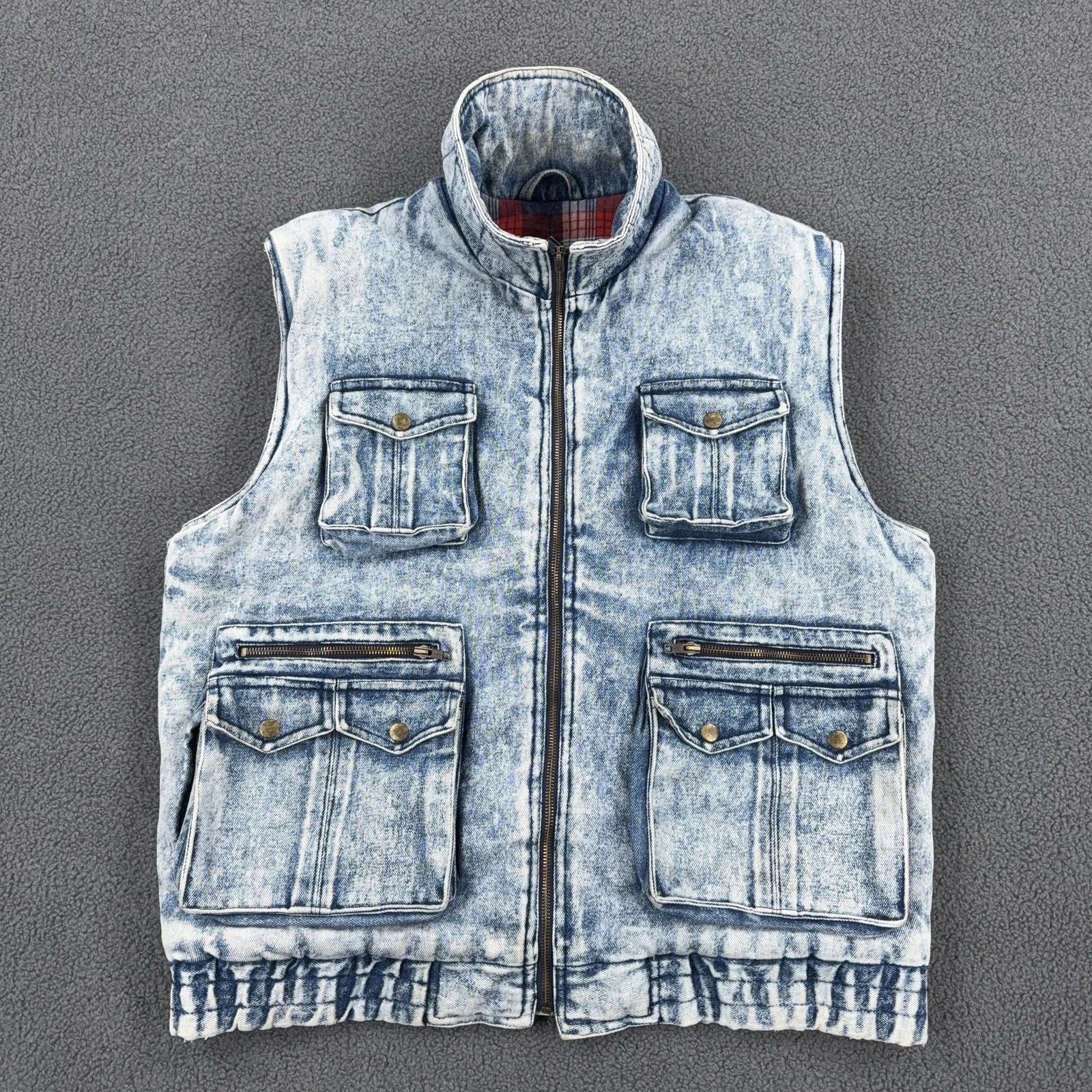 Vintage In Crowd Vest Mens Large Blue Denim Acid Quilted Utility Plaid Lined