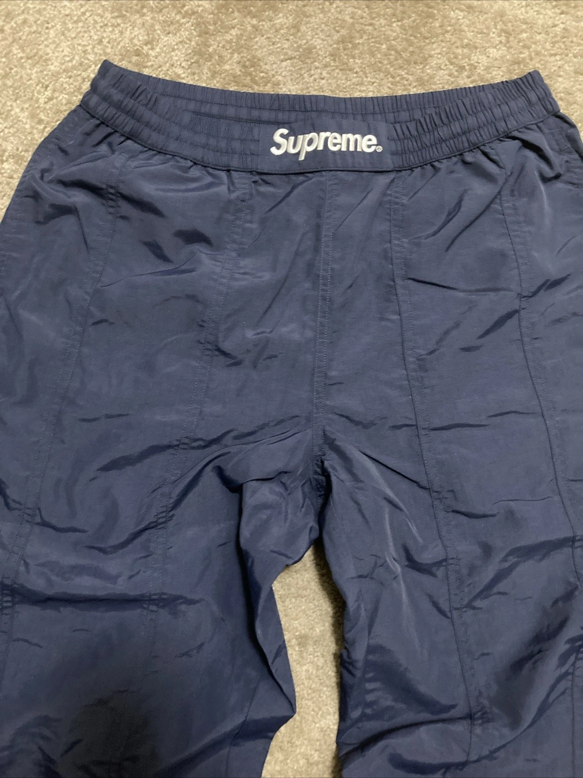 Pantalon d'échauffement DS Supreme lambrissé nylon bleu marine décontracté neuf taille S 30 32