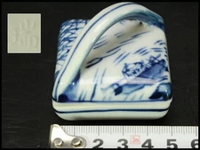 Japan Handled Blue and White Ceramic Kogo Incense Container Traditional Tea Tool