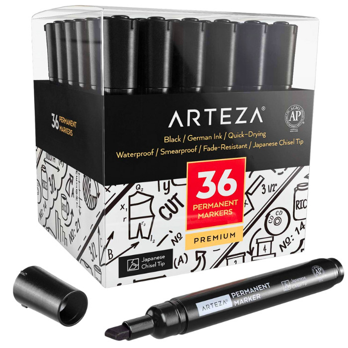 Set Of 36, Black, Chisel Tip, Waterproof Ink